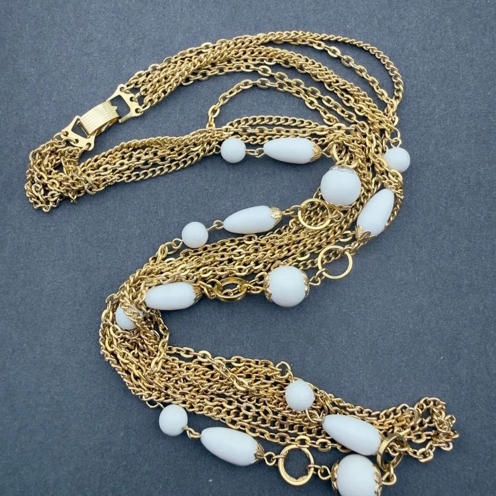 Vintage Multi Strand Necklace White Milk Glass Bead Layered Gold Tone Japan